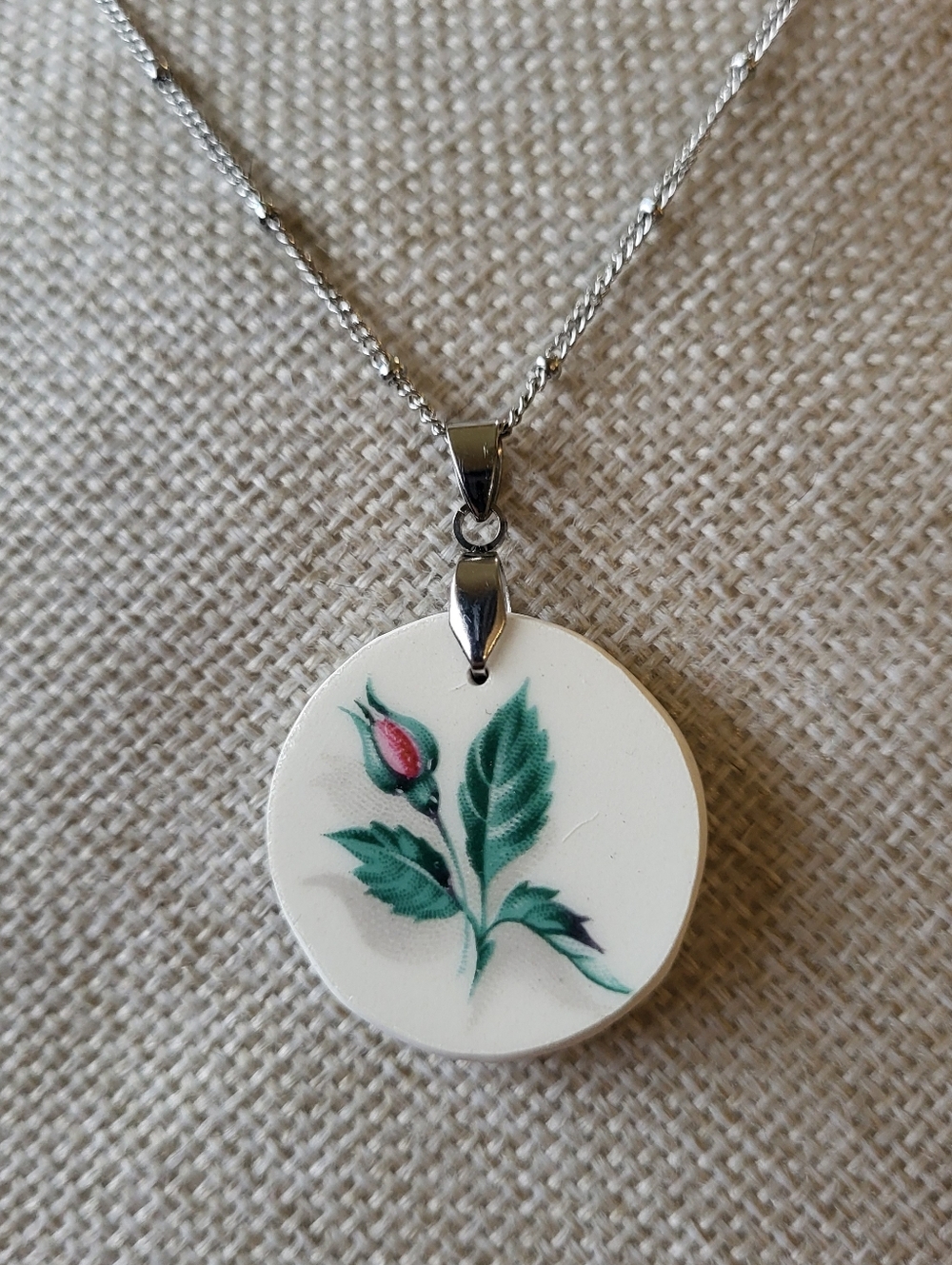 Vintage MCM Steubenville Pottery Horizon Pink Tea Rose Bud Broken China Pendant